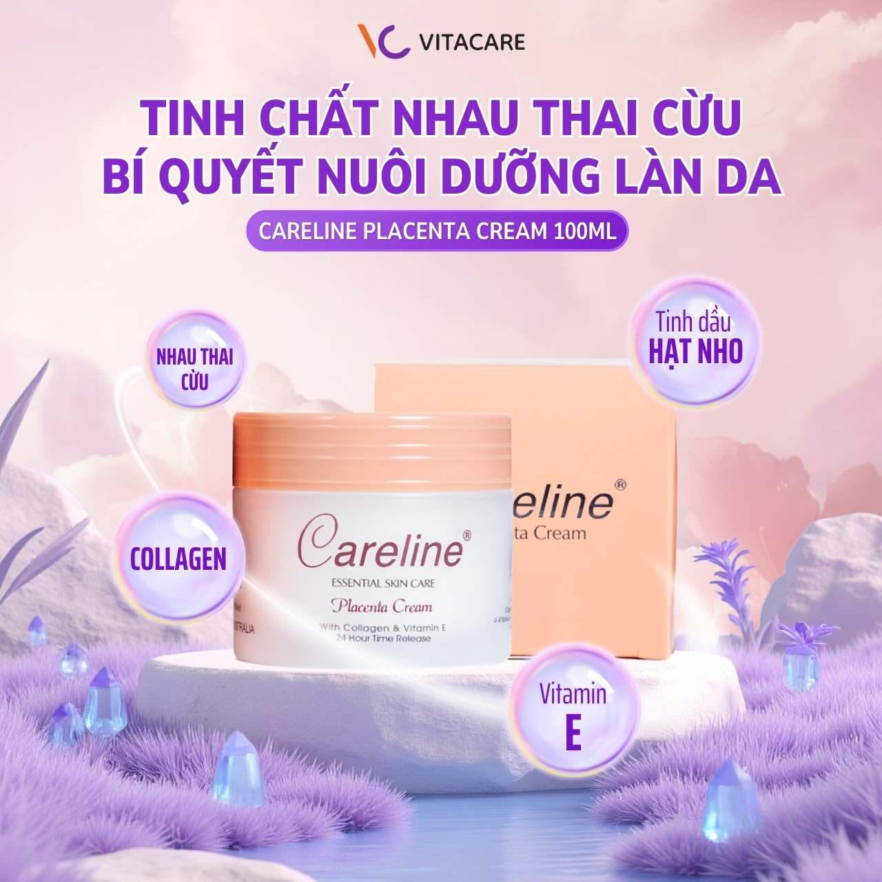 Thành phần Careline Placenta Cream Kem dưỡng Careline Placenta Cream chứa nhau thai cừu, collagen, vitamin E và tinh dầu hạt nho giúp da sáng mịn