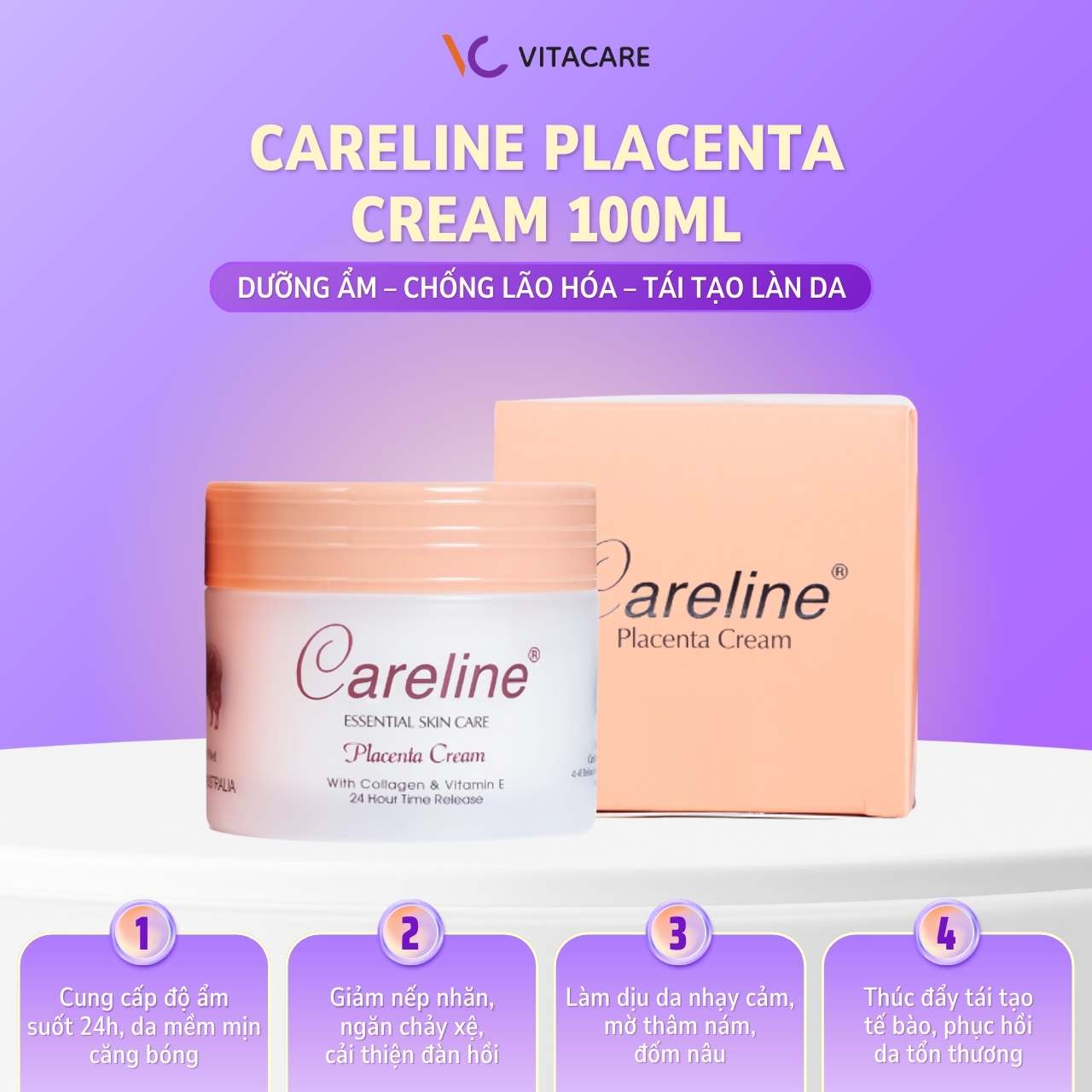 Công dụng Careline Placenta Cream  Kem nhau thai cừu Careline Placenta Cream giúp cấp ẩm 24h, giảm nhăn, làm dịu và phục hồi da