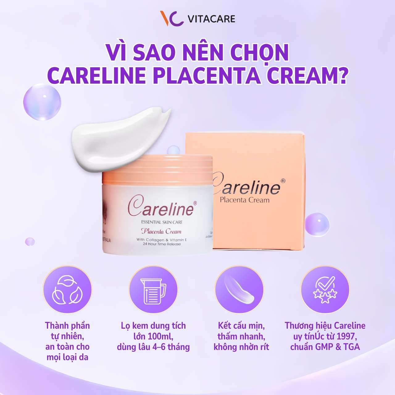 Vì sao nên chọn Careline Placenta Cream kem dưỡng từ nhau thai cừu Úc Careline Placenta Cream 100ml – thành phần tự nhiên, an toàn cho mọi loại da, thấm nhanh không nhờn rít