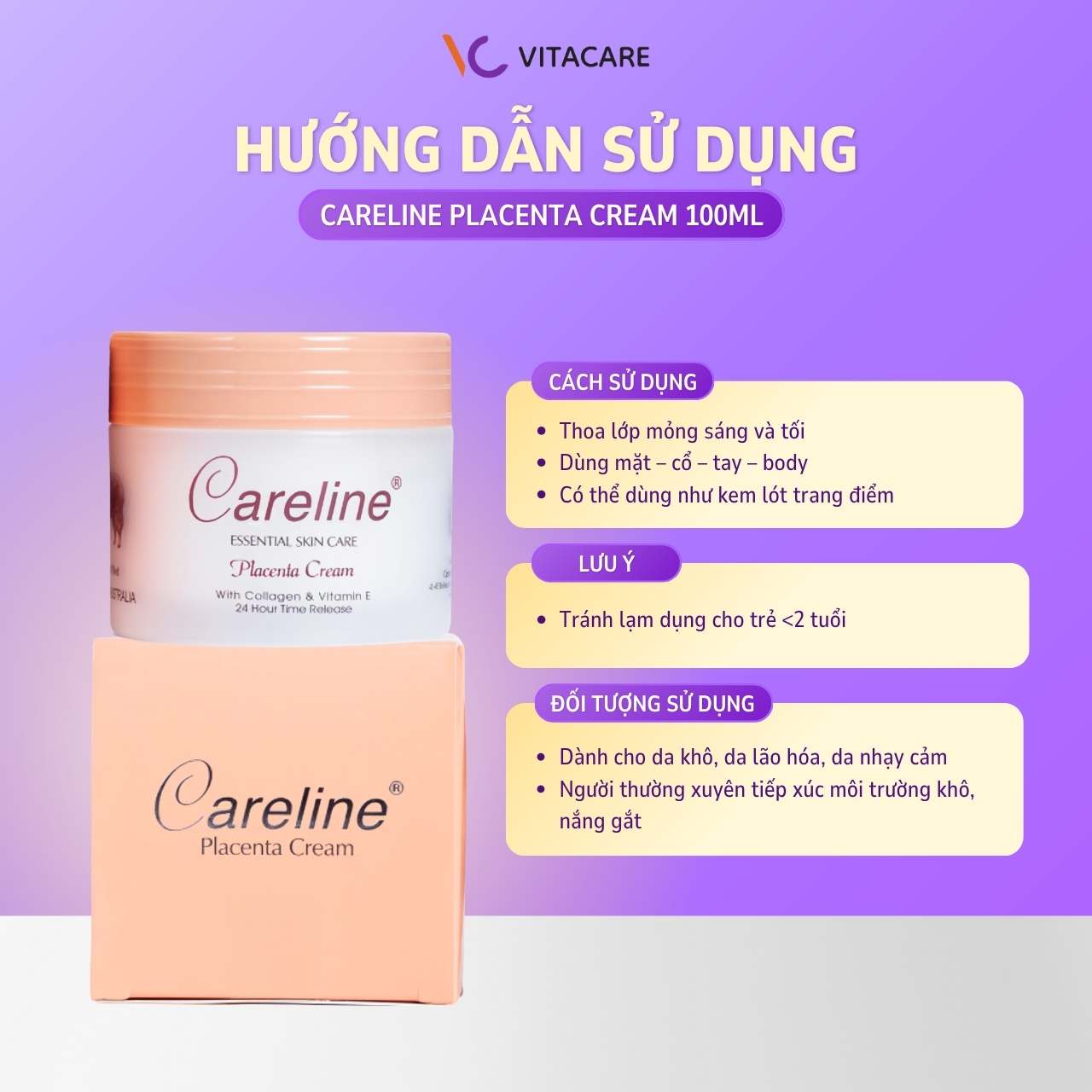 Hướng dẫn sử dụng Careline Placenta Cream 100ml Cách dùng kem nhau thai cừu Careline Placenta Cream cho da mặt, cổ và body