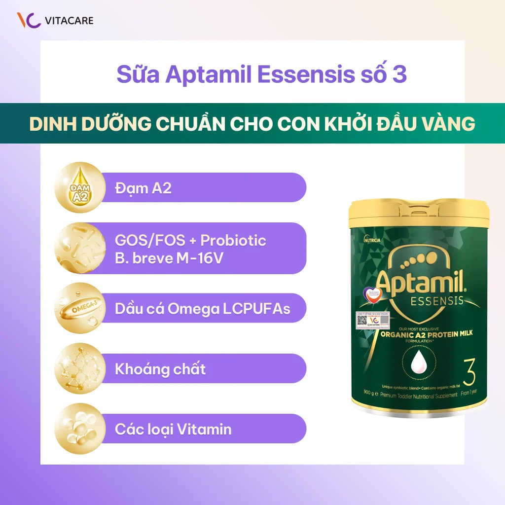 Hình ảnh sản phẩm Sữa Aptamil Essensis số 3 Úc với thành phần đạm A2, GOS/FOS, Probiotic B. breve M-16V, Omega LCPUFAs, vitamin và khoáng chất.
