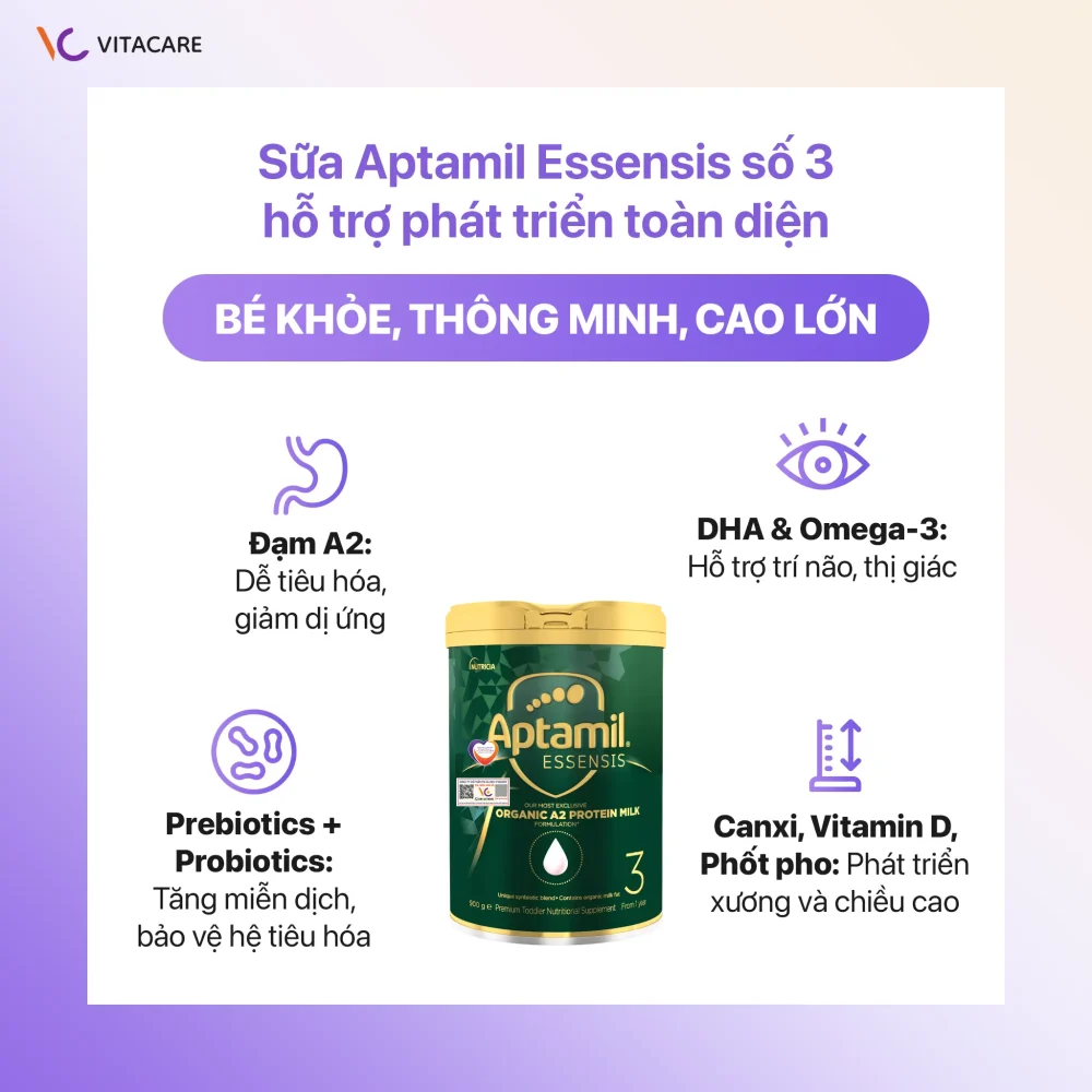 Hình ảnh Sữa Aptamil Essensis số 3 Úc với công thức đạm A2, DHA, Omega-3, Prebiotics, Probiotics, Canxi, Vitamin D và Phốt pho giúp bé khỏe mạnh, thông minh, cao lớn.