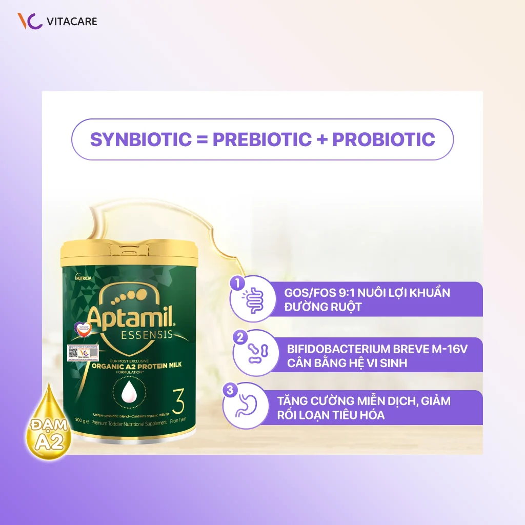 Hình ảnh Sữa Aptamil Essensis số 3 với công thức Synbiotic gồm Prebiotic GOS/FOS 9:1 và Probiotic Bifidobacterium breve M-16V giúp nuôi lợi khuẩn, cân bằng hệ vi sinh, tăng cường miễn dịch, giảm rối loạn tiêu hóa.