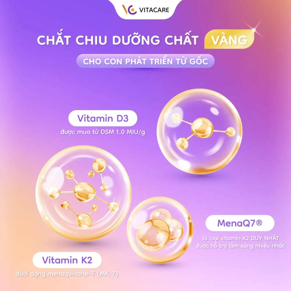 Chất chứa dưỡng chất vàng, bao gồm Vitamin D3, K2, và MenQ7® cho trẻ.