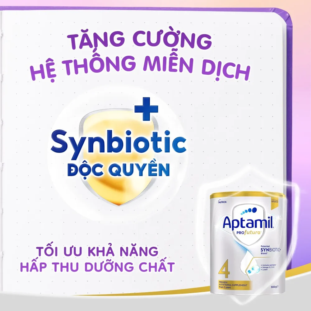 Hình ảnh sữa Aptamil Profutura với công thức Synbiotic độc quyền, hỗ trợ tăng cường hệ thống miễn dịch và tối ưu khả năng hấp thu dưỡng chất cho trẻ.