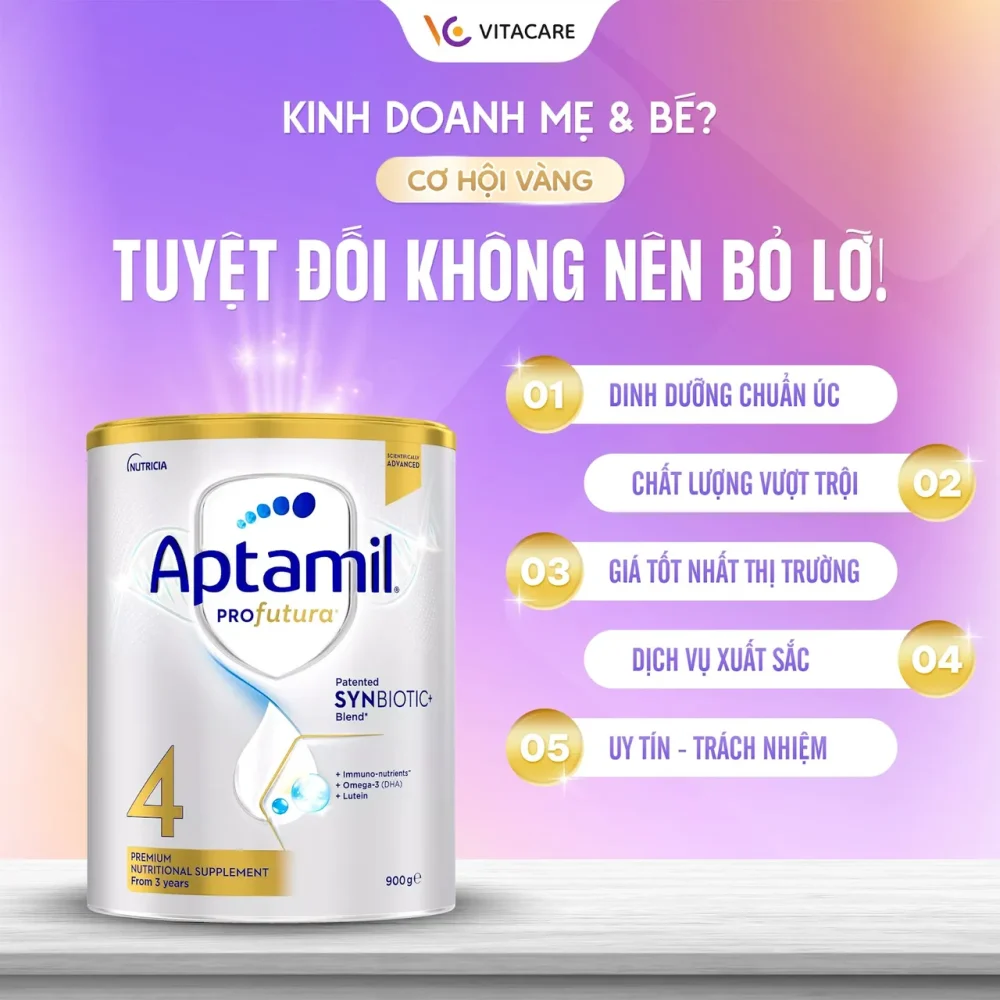 Hình ảnh quảng bá cơ hội kinh doanh sữa Aptamil Profutura chính hãng từ VitaCare với các lợi thế: dinh dưỡng chuẩn Úc, chất lượng vượt trội, giá tốt nhất thị trường, dịch vụ xuất sắc và uy tín – trách nhiệm.