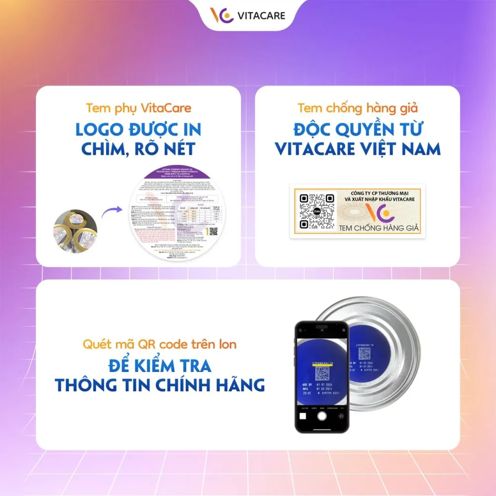 Hình ảnh hướng dẫn kiểm tra sữa Aptamil chính hãng từ VitaCare: tem phụ có logo in chìm rõ nét, tem chống hàng giả độc quyền, và quét mã QR code trên lon để xác minh thông tin chính hãng.