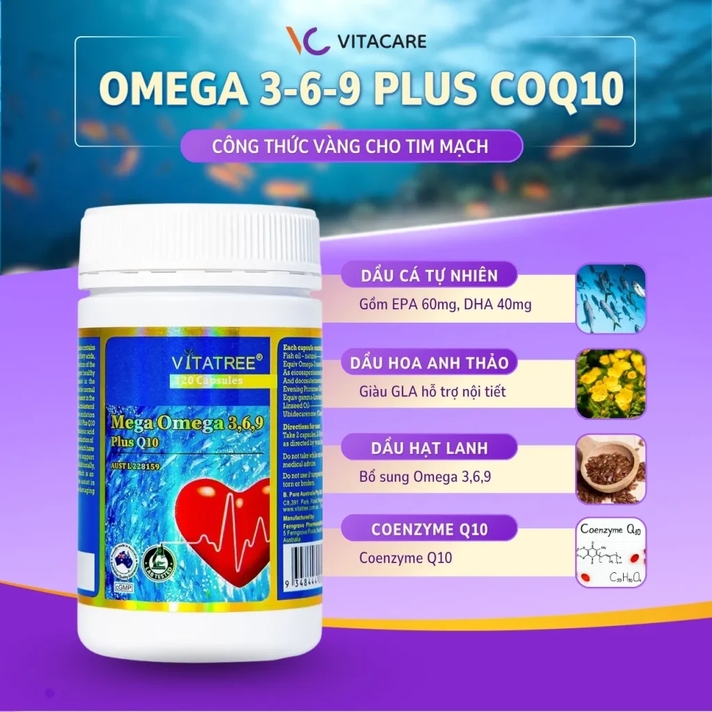 Thành phần Vitatree Omega 3-6-9 Plus Q10 Thành phần Vitatree Omega 3-6-9 Plus CoQ10 gồm dầu cá EPA DHA, dầu hoa anh thảo, dầu hạt lanh và Coenzyme Q10