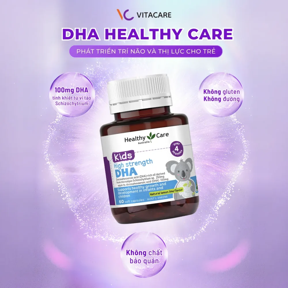 Viên uống Healthy Care DHA Kids High Strength 60 viên, bổ sung DHA tinh khiết từ vi tảo Schizochytrium, không gluten, không đường, không chất bảo quản.