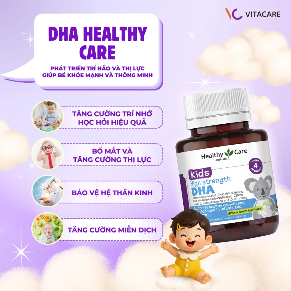 Healthy Care DHA Kids giúp tăng cường trí nhớ, hỗ trợ học tập, bảo vệ mắt, phát triển thị lực, bảo vệ hệ thần kinh và tăng cường miễn dịch.