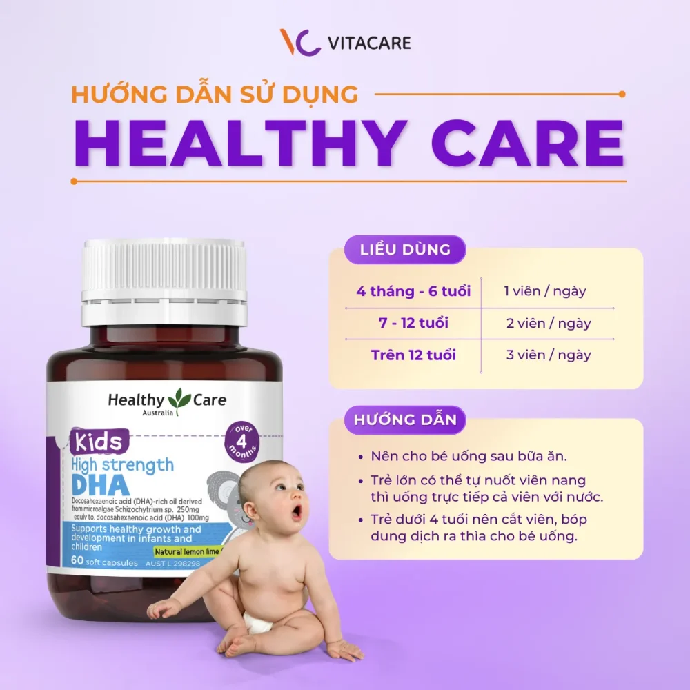 Hướng dẫn sử dụng DHA Healthy Care Kids: Trẻ 4 tháng – 6 tuổi uống 1 viên/ngày, trẻ 7 – 12 tuổi uống 2 viên/ngày, trên 12 tuổi uống 3 viên/ngày. Có thể cắt viên nang cho bé dưới 4 tuổi.