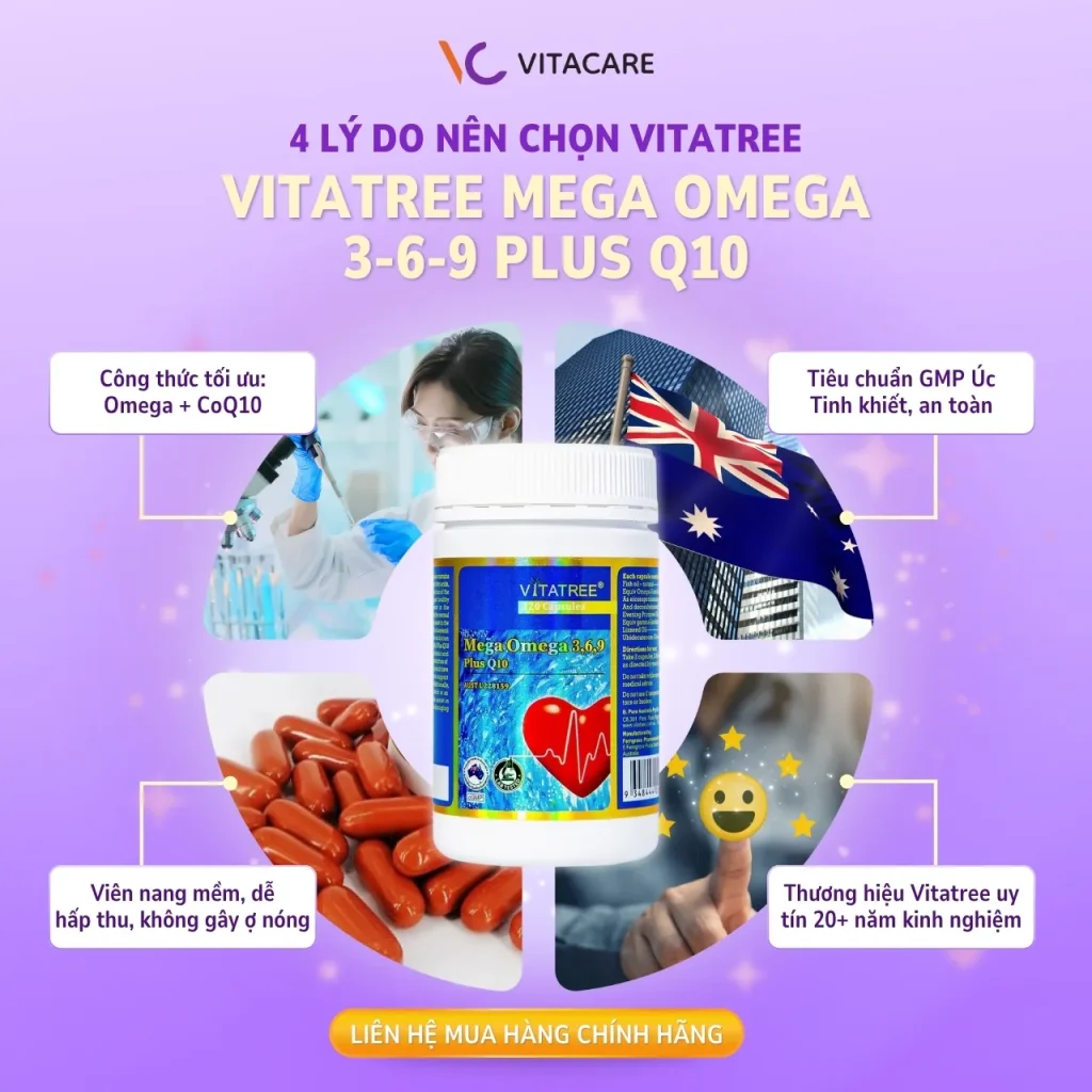 Lý do nên chọn Vitatree Omega 3-6-9 Plus Q10 Ưu điểm Vitatree Omega 3-6-9 Plus Q10 – Công thức Omega + Q10, đạt chuẩn GMP Úc