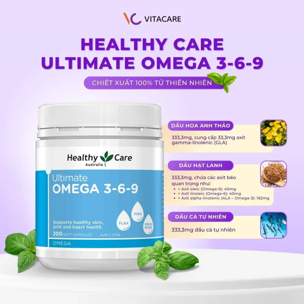 Healthy Care Omega 3-6-9 chiết xuất từ dầu cá, dầu hạt lanh và dầu hoa anh thảo