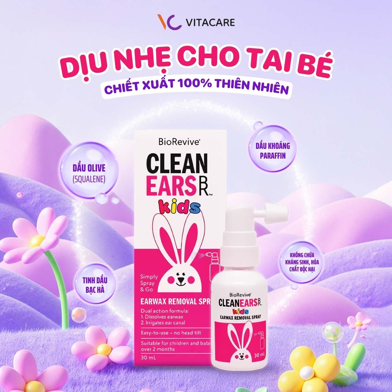 Chiết xuất 100% thiên nhiên, dịu nhẹ cho ống tai nhạy cảm của trẻ nhỏ. Xịt tai Clean Ears Kids chứa dầu olive, tinh dầu bạc hà và paraffin giúp tan ráy tai an toàn cho bé