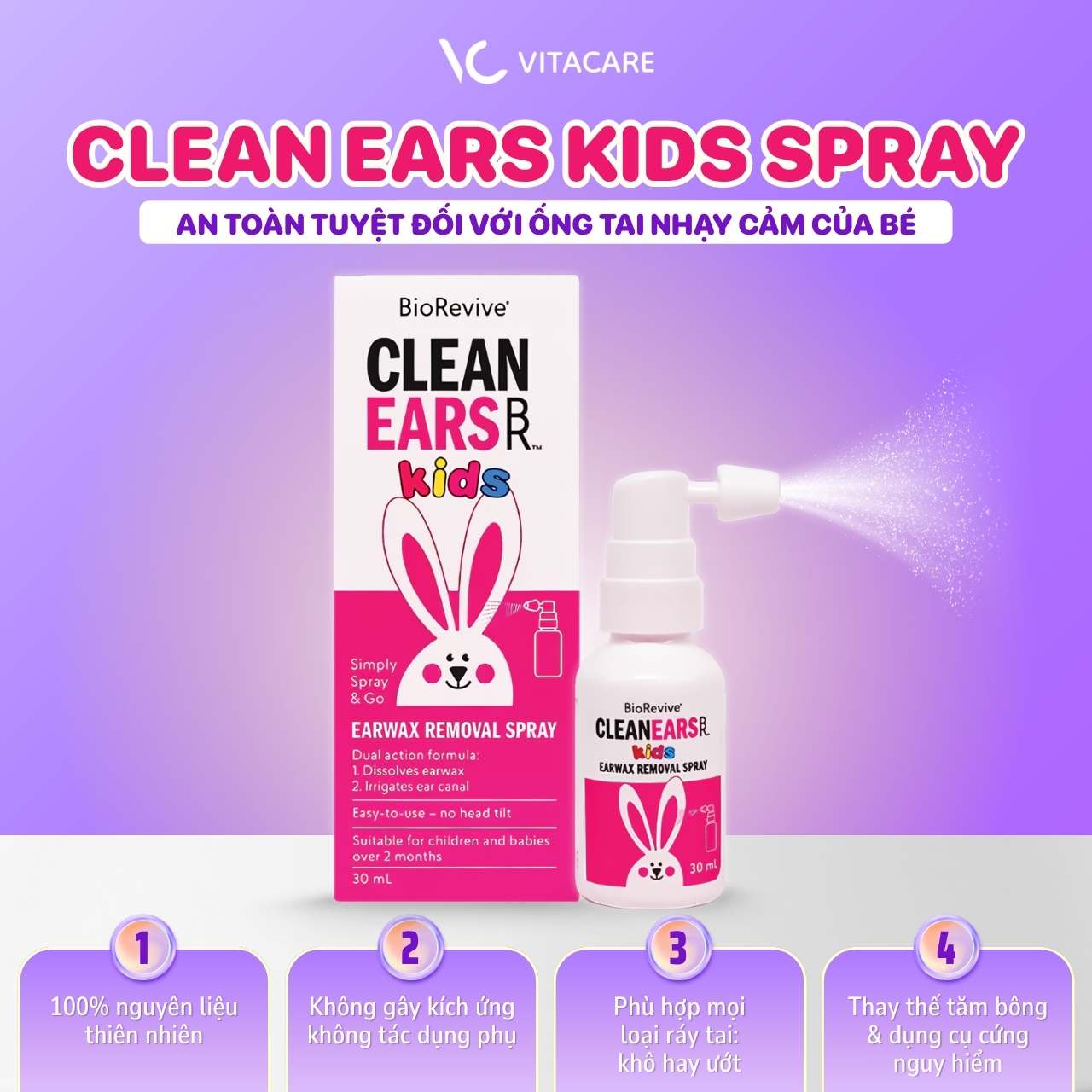Công dụng Xịt Clean Ears Kids Xịt Clean Ears Kids không gây kích ứng, phù hợp cho mọi loại ráy tai khô hay ướt