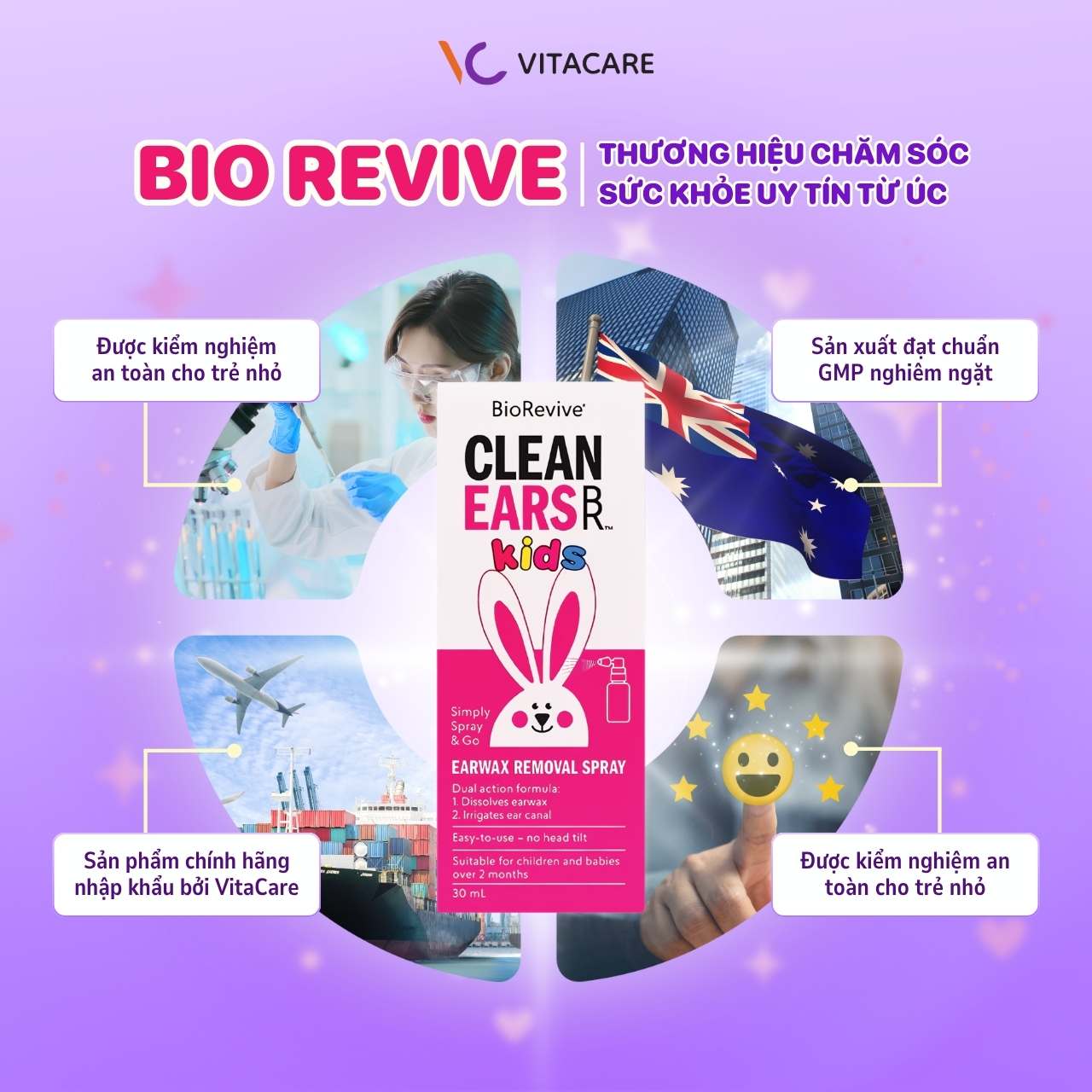 BioRevive Clean Ears Kids thương hiệu chăm sóc sức khỏe trẻ em từ Úc Xịt tai BioRevive Clean Ears Kids nhập khẩu từ Úc, đạt chuẩn GMP và kiểm nghiệm an toàn