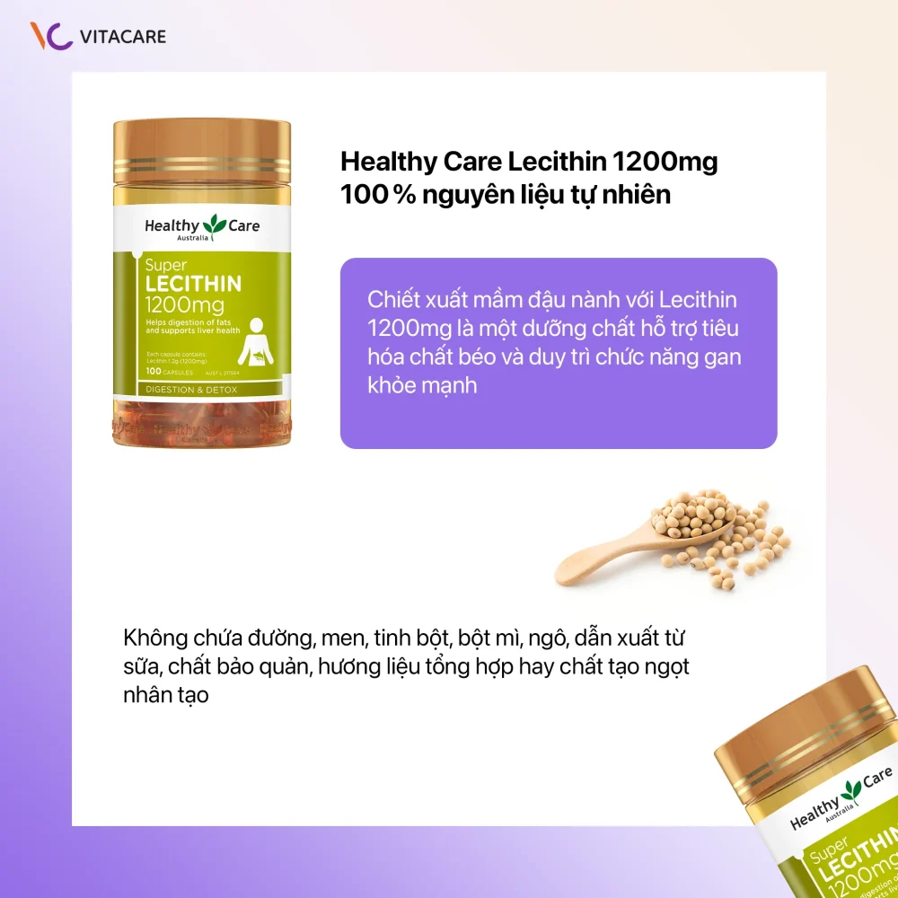 Hình ảnh viên uống Healthy Care Super Lecithin 1200mg lọ 100 viên nhập khẩu Úc, hỗ trợ tiêu hóa chất béo và chức năng gan.