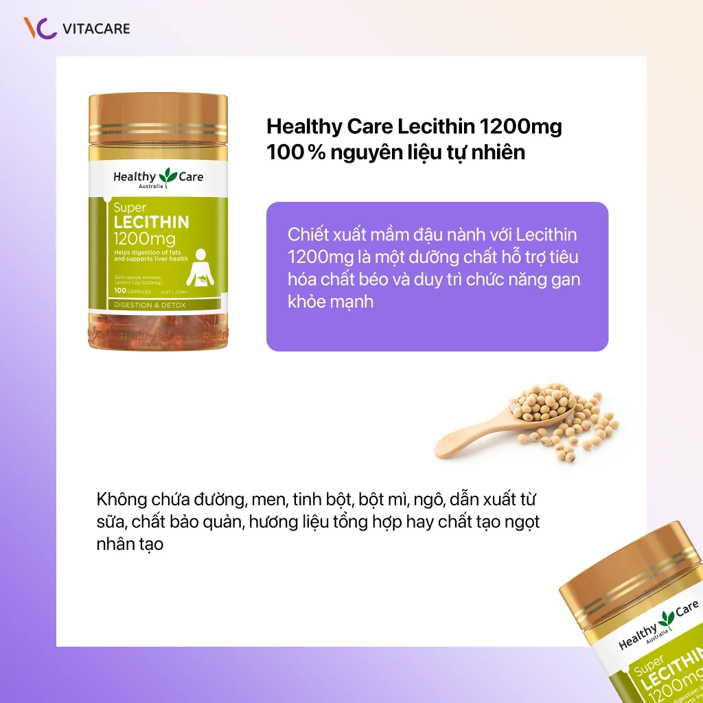 Healthy Care Lecithin 1200mg - 100 % nguyên liệu tự nhiên Hình ảnh viên uống Healthy Care Super Lecithin 1200mg lọ 100 viên nhập khẩu Úc, hỗ trợ tiêu hóa chất béo và chức năng gan.