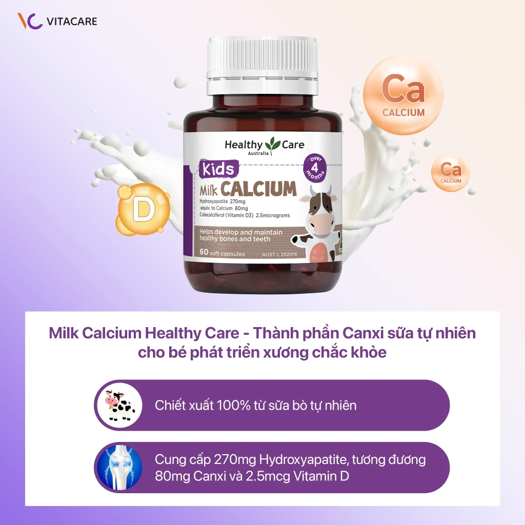 Hình ảnh sản phẩm Healthy Care Kids Milk Calcium 60 viên, chiết xuất 100% từ sữa bò tự nhiên, cung cấp 270mg Hydroxyapatite tương đương 80mg Canxi và 2.5mcg Vitamin D.