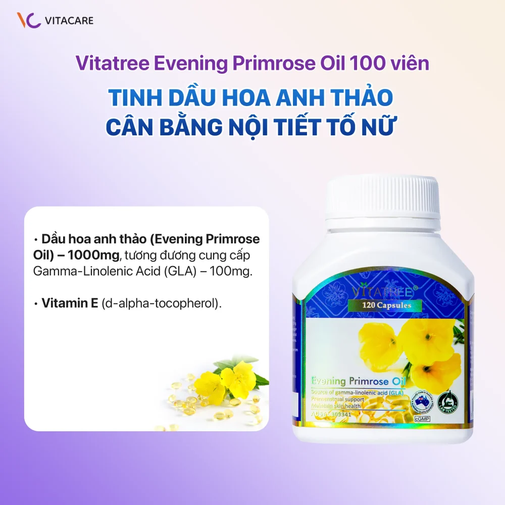 Hình ảnh sản phẩm Vitatree Evening Primrose Oil 100 viên, chứa 1000mg dầu hoa anh thảo và vitamin E, hỗ trợ cân bằng nội tiết tố và sức khỏe nữ giới.