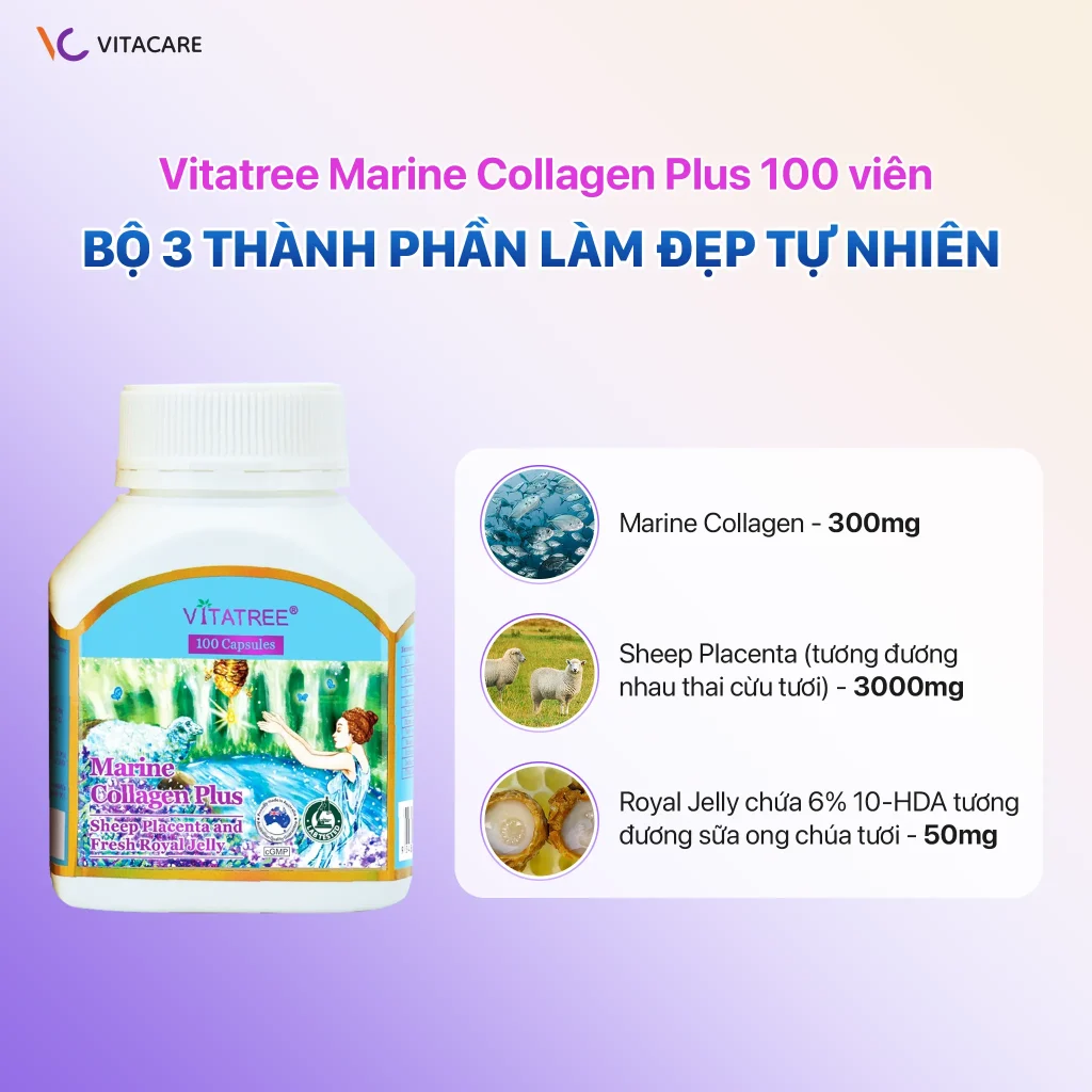 Thành phần Marine Collagen, nhau thai cừu, sữa ong chúa trong Vitatree Marine Collagen Plus