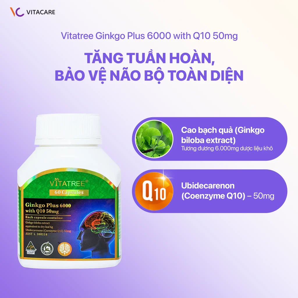 Hình ảnh sản phẩm Vitatree Ginkgo Plus 6000 with Q10 50mg hỗ trợ trí nhớ và sức khỏe tim mạch