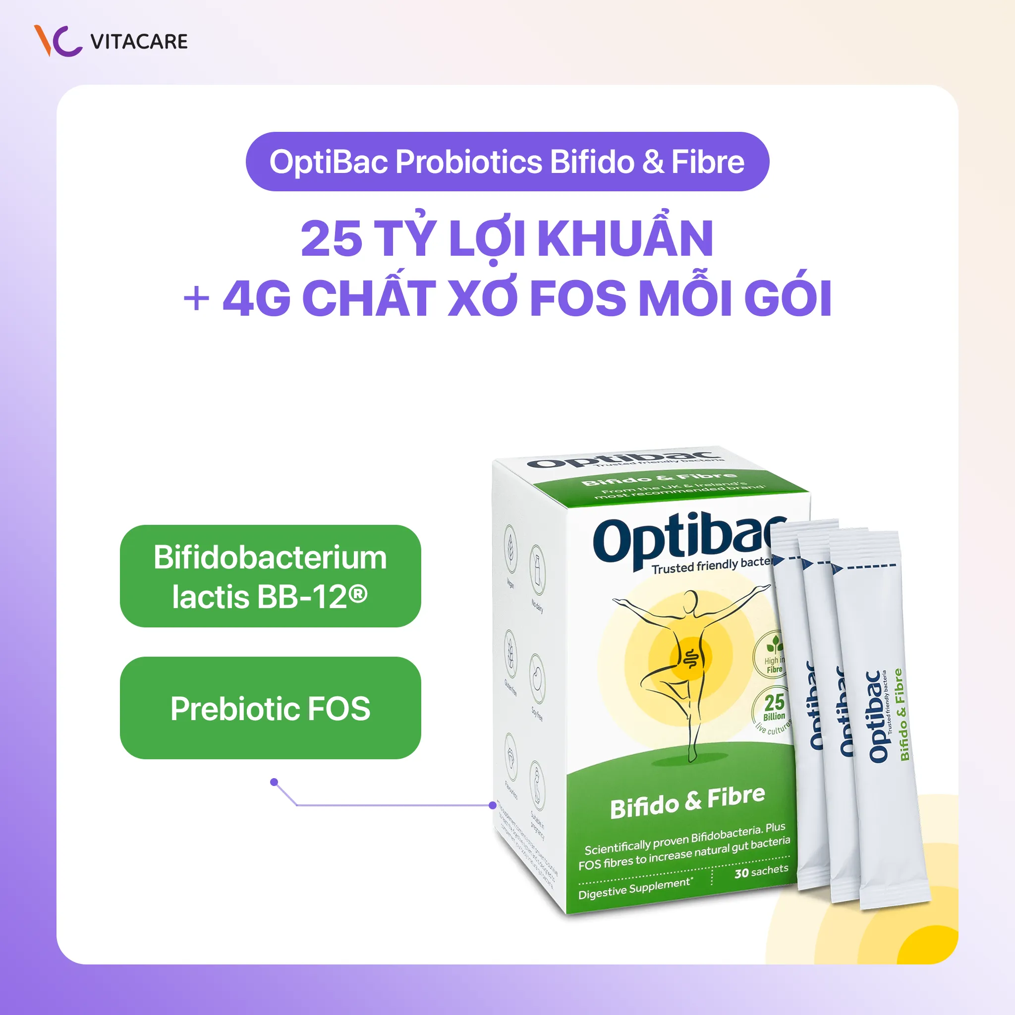 Thành phần Optibac Bifido & Fibre Men vi sinh Optibac Bifido & Fibre 25 tỷ lợi khuẩn và 4g FOS hỗ trợ tiêu hóa khỏe mạnh