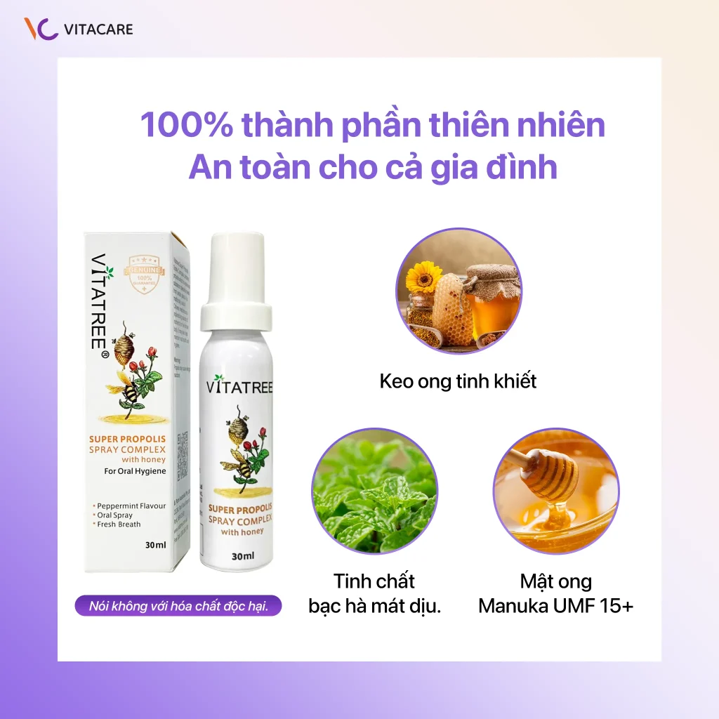 Xịt họng Vitatree Super Propolis Spray Complex – Thành phần thiên nhiên an toàn Xịt họng Vitatree Super Propolis Spray Complex 30ml với thành phần keo ong tinh khiết, tinh chất bạc hà mát dịu, mật ong Manuka UMF 15+ an toàn cho cả gia đình.