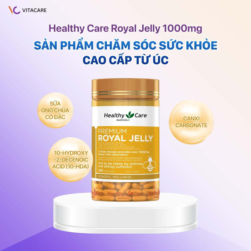 Hình ảnh sản phẩm Healthy Care Royal Jelly 1000mg với thành phần sữa ong chúa cô đặc, Canxi Carbonate và 10-HDA, hỗ trợ sức khỏe và sắc đẹp.