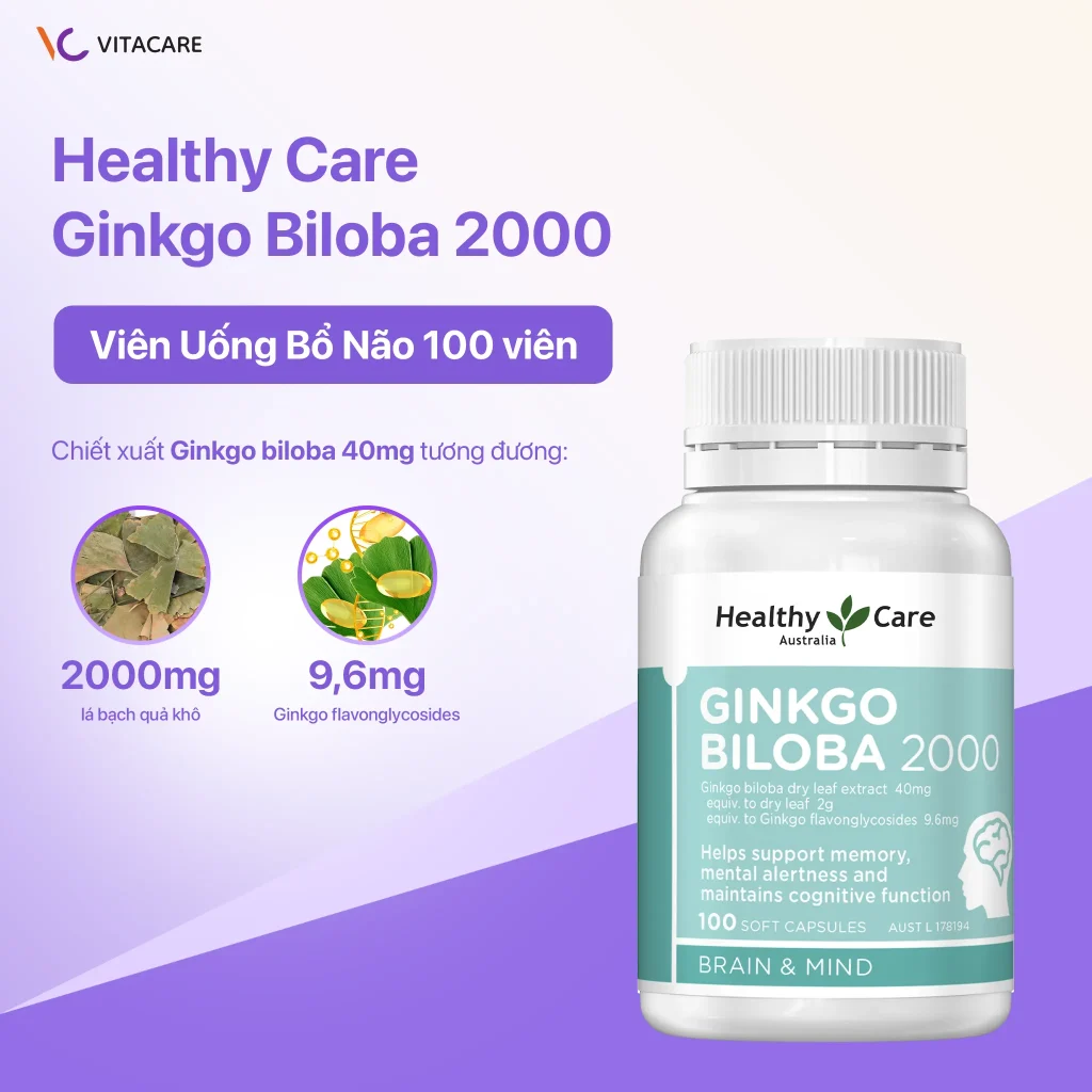 Hình ảnh sản phẩm Healthy Care Ginkgo Biloba 2000, chiết xuất lá bạch quả khô 2000mg, tương đương 40mg Ginkgo biloba với 9.6mg flavonglycosides, hộp 100 viên.