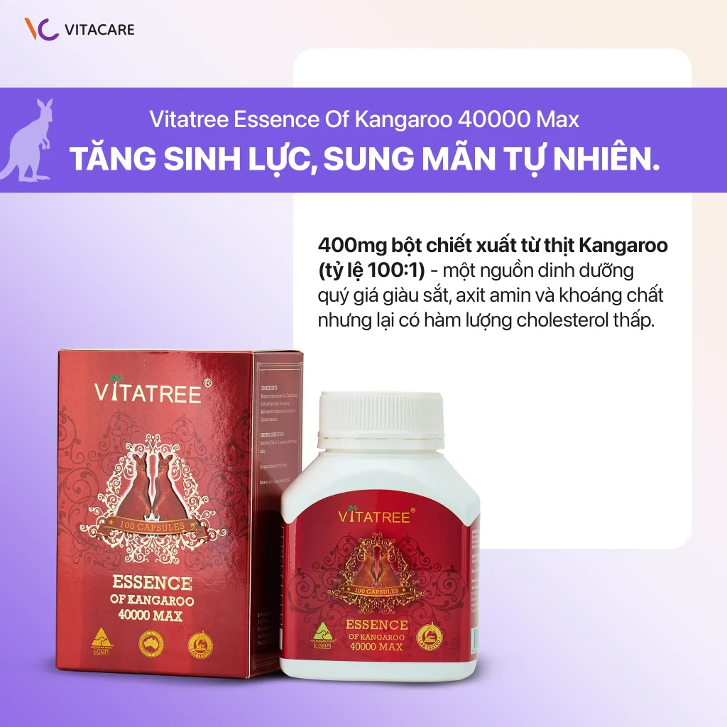 Viên uống Vitatree Essence Of Kangaroo 40000 Max chiết xuất thịt Kangaroo 400mg tăng sinh lực tự nhiên