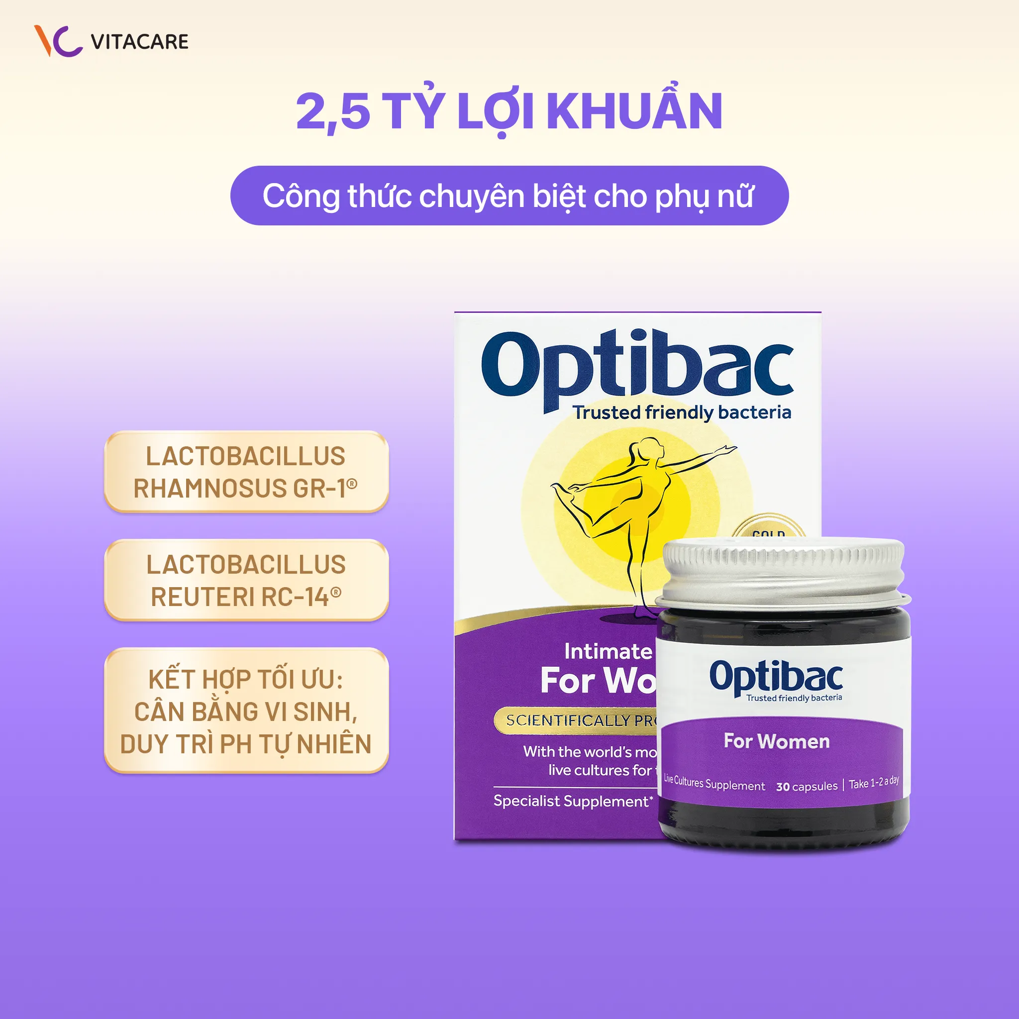 Thành phần Optibac For Women 30 viên Viên uống lợi khuẩn Optibac For Women 2.5 tỷ CFU hỗ trợ cân bằng pH, duy trì hệ vi sinh vùng kín khỏe mạnh