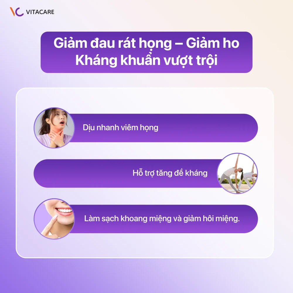 Xịt họng Vitatree Super Propolis Spray giúp dịu nhanh viêm họng, hỗ trợ tăng đề kháng, làm sạch khoang miệng và giảm hôi miệng.