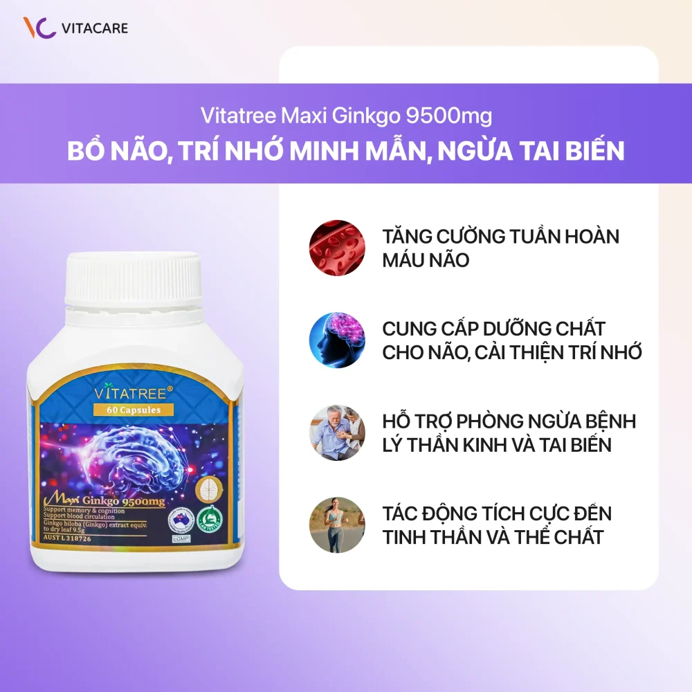 Vitatree Maxi Ginkgo 9500mg có công dụng tăng cường tuần hoàn máu, cải thiện trí nhớ, ngừa tai biến.