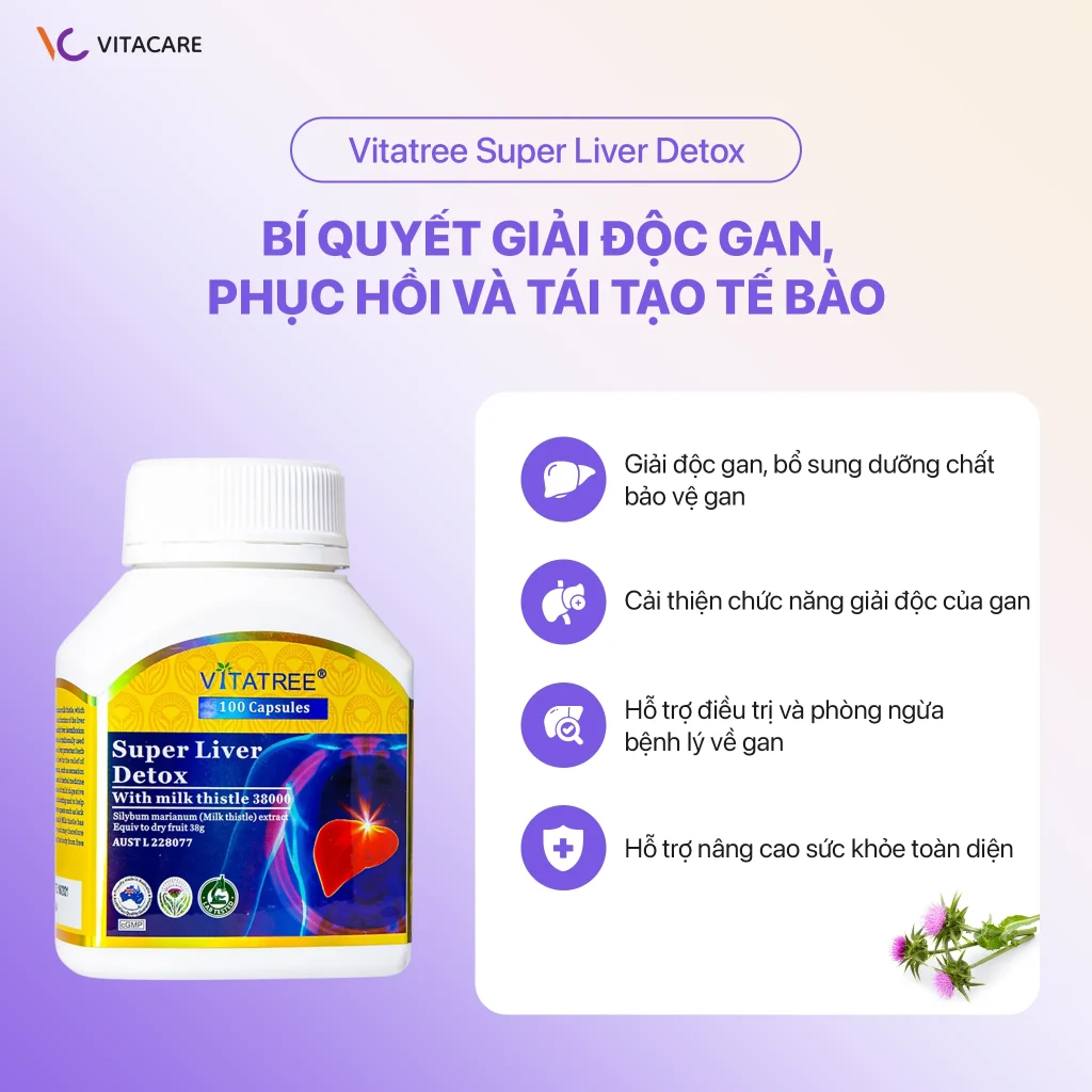 Công dụng Vitatree Super Liver Detox Hình ảnh Vitatree Super Liver Detox với các công dụng chính: giải độc gan, bảo vệ gan, cải thiện chức năng gan