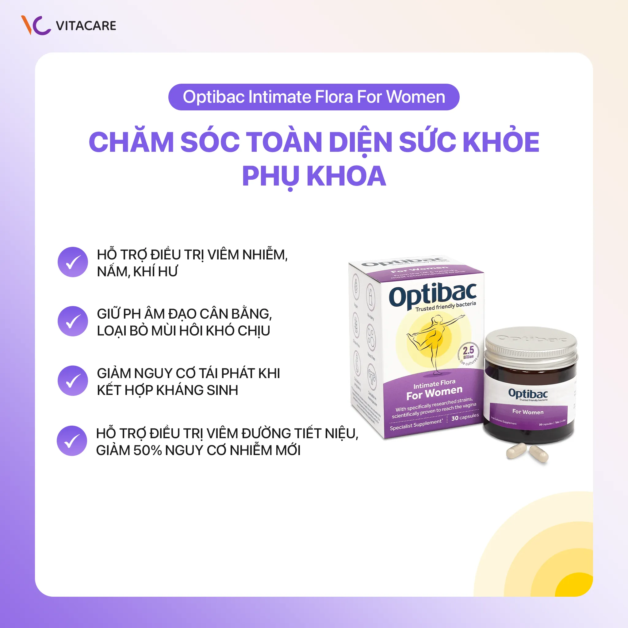 Công dụng Optibac Intimate Flora For Women Viên uống Optibac Intimate Flora hỗ trợ điều trị viêm nhiễm, cân bằng pH âm đạo, giảm nguy cơ tái phát