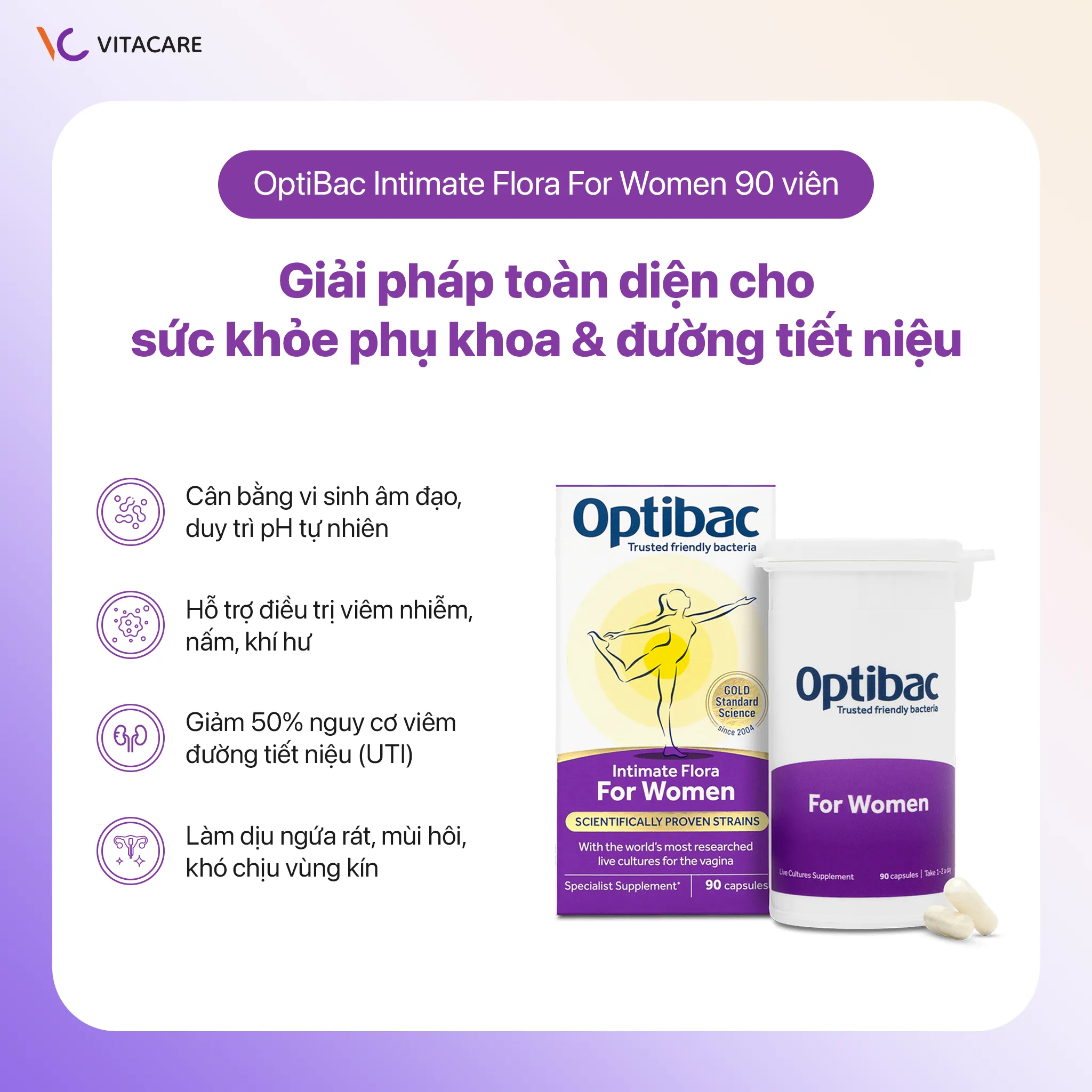 Công dụng Optibac For Women 90 viên Optibac For Women 90 viên hỗ trợ điều trị viêm nhiễm, nấm, khí hư và viêm đường tiết niệu
