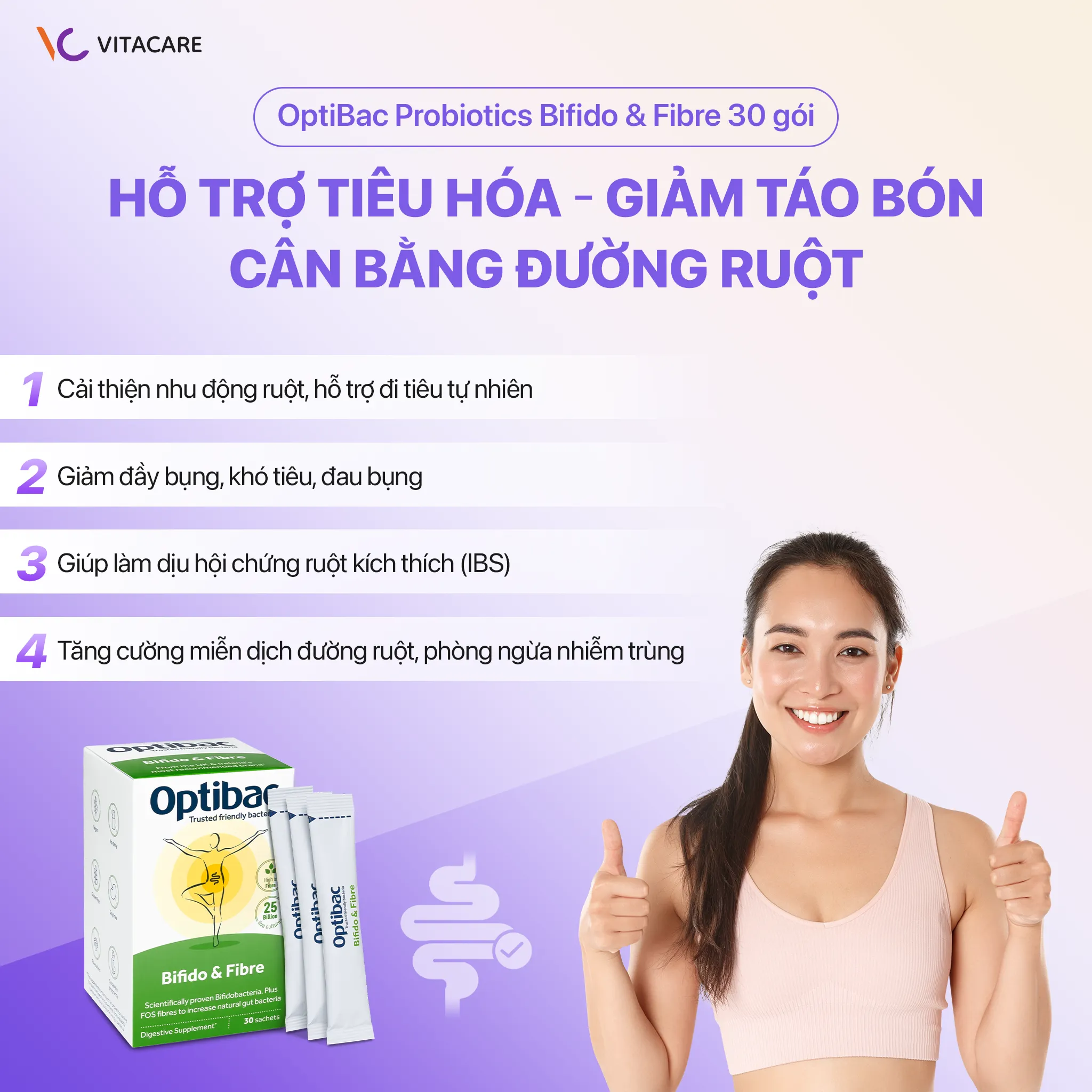 Công dụng Optibac Bifido & Fibre Men vi sinh Optibac Bifido & Fibre hỗ trợ tiêu hóa, giảm đầy bụng, cân bằng vi sinh đường ruột