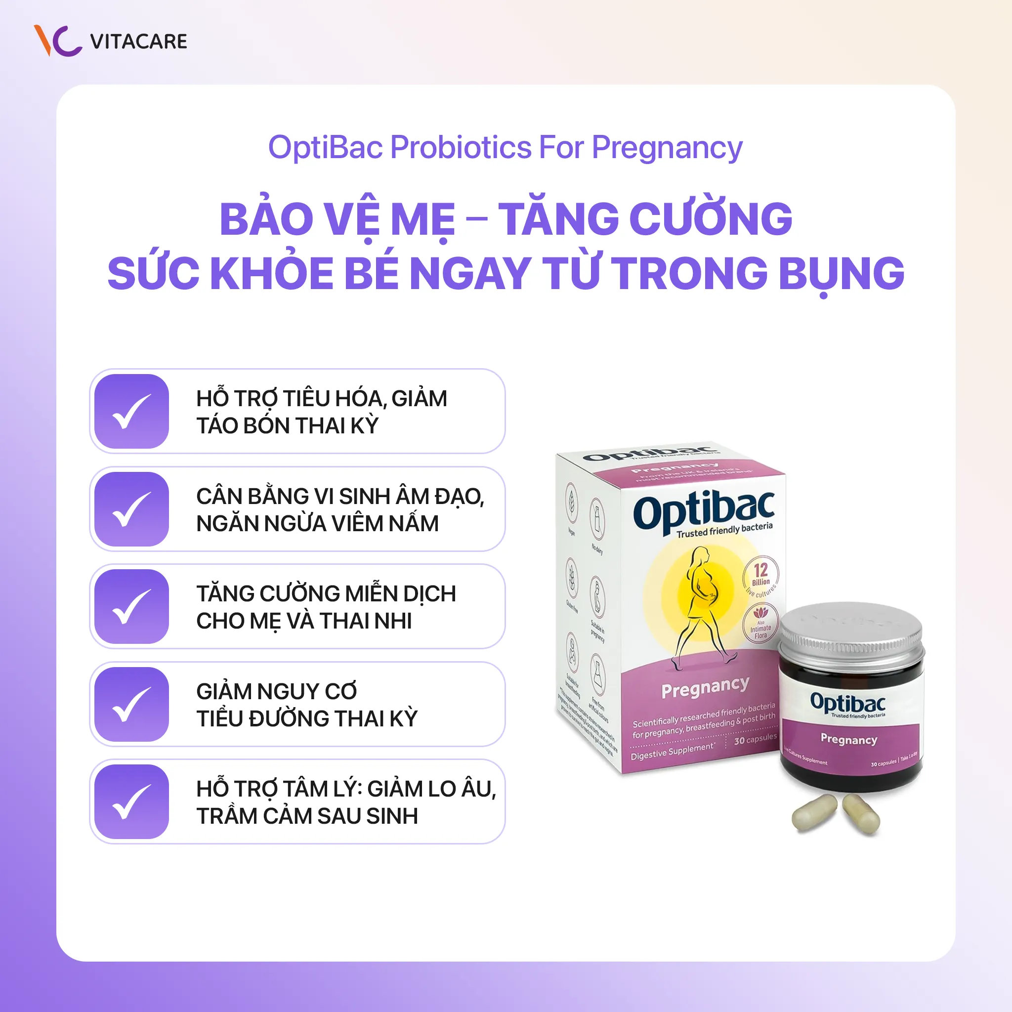 Công dụng Optibac Probiotics For Pregnancy Men vi sinh Optibac For Pregnancy hỗ trợ tiêu hóa, giảm táo bón và tăng miễn dịch cho mẹ bầu