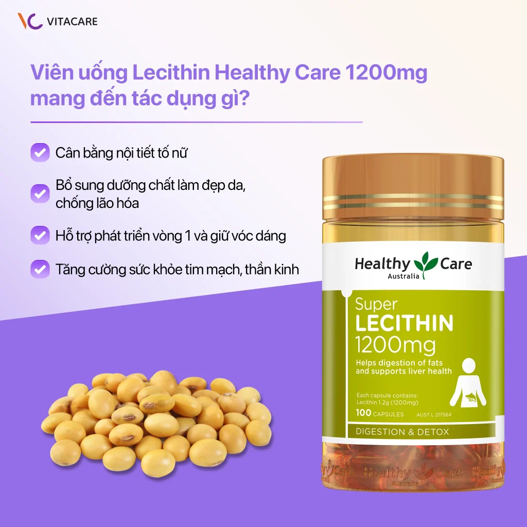 Viên uống Lecithin Healthy Care 1200mg mang đến tác dụng gì? Hình ảnh sản phẩm Healthy Care Super Lecithin 1200mg hộp 100 viên – hỗ trợ cân bằng nội tiết tố, làm đẹp da, phát triển vòng 1, tốt cho tim mạch và thần kinh.