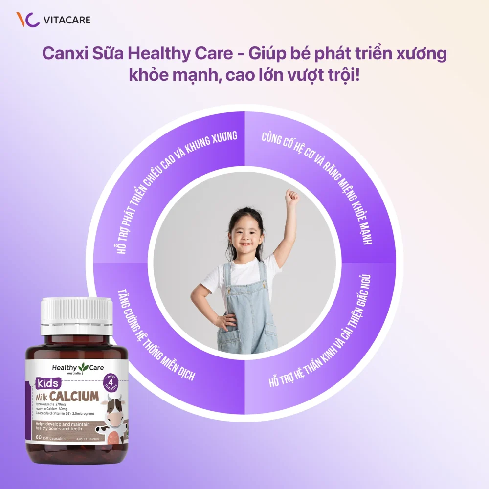 Healthy Care Kids Milk Calcium giúp hỗ trợ phát triển chiều cao, củng cố hệ cơ và răng miệng, tăng cường miễn dịch, cải thiện giấc ngủ và bảo vệ hệ thần kinh.