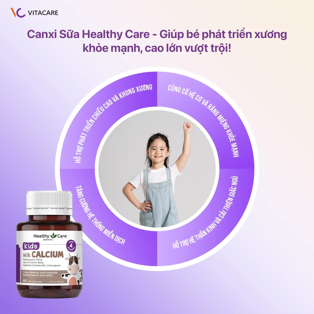 Healthy Care Kids Milk Calcium giúp hỗ trợ phát triển chiều cao, củng cố hệ cơ và răng miệng, tăng cường miễn dịch, cải thiện giấc ngủ và bảo vệ hệ thần kinh.