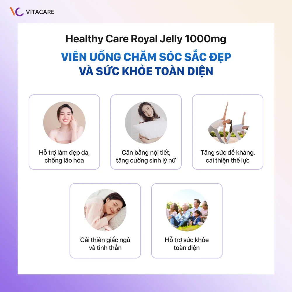Healthy Care Royal Jelly 1000mg hỗ trợ làm đẹp da, chống lão hóa, cân bằng nội tiết, tăng cường sinh lý nữ, nâng cao sức đề kháng, cải thiện giấc ngủ và sức khỏe tinh thần.