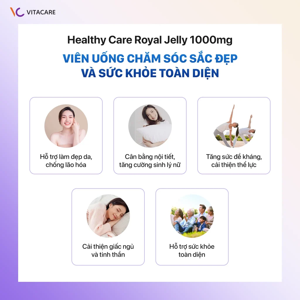 Healthy Care Royal Jelly 1000mg hỗ trợ làm đẹp da, chống lão hóa, cân bằng nội tiết, tăng cường sinh lý nữ, nâng cao sức đề kháng, cải thiện giấc ngủ và sức khỏe tinh thần.