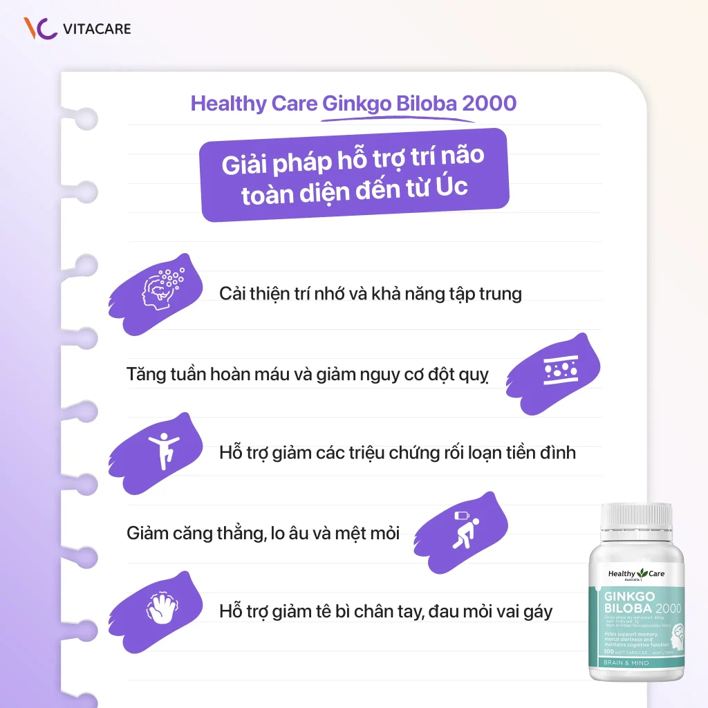 Healthy Care Ginkgo Biloba 2000 giúp cải thiện trí nhớ, tăng khả năng tập trung, hỗ trợ tuần hoàn máu, giảm căng thẳng, hỗ trợ giảm triệu chứng rối loạn tiền đình và tê bì chân tay.