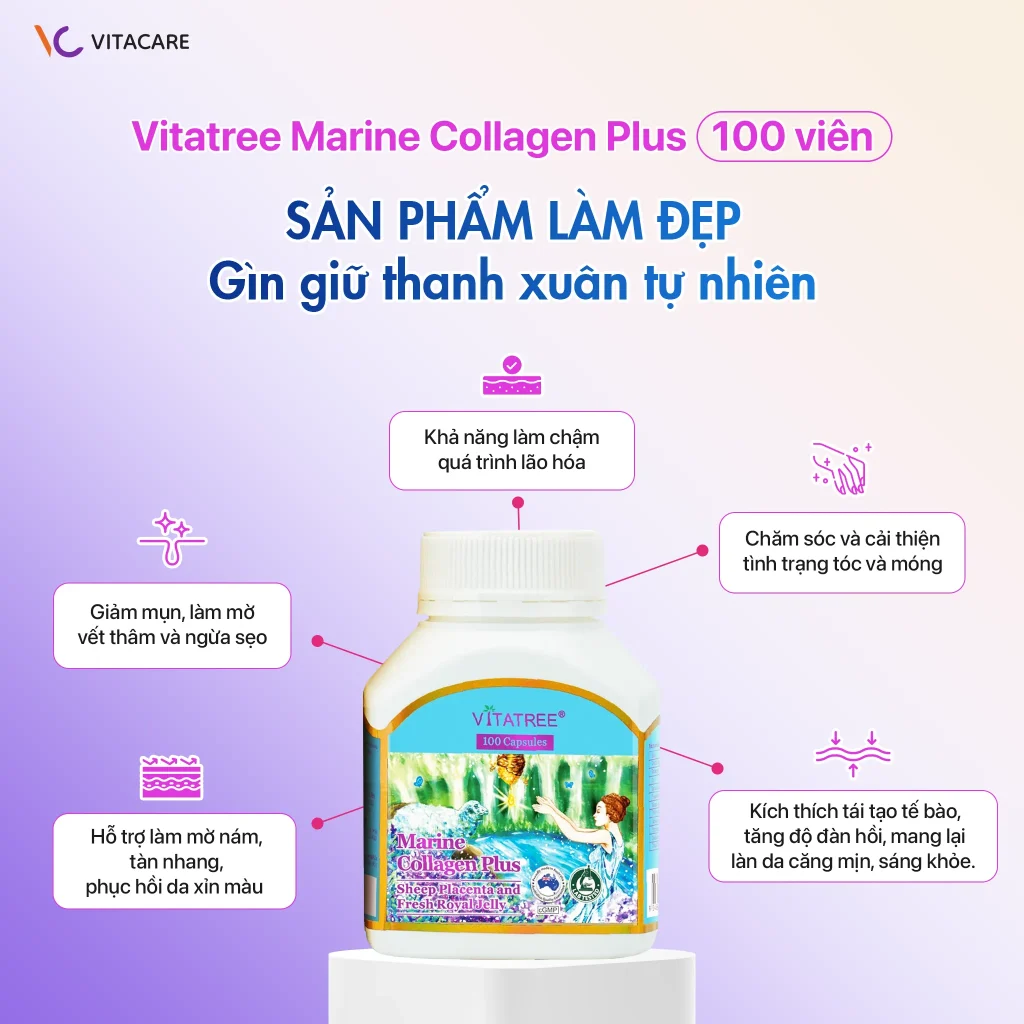Công dụng Vitatree Marine Collagen Plus giúp đẹp da, chống lão hóa, cải thiện tóc và móng