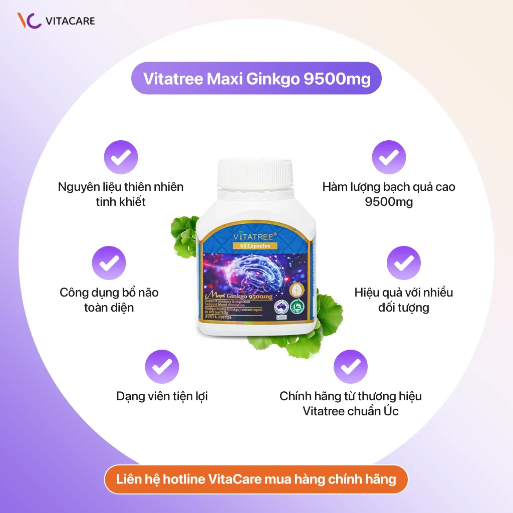 Ưu điểm vượt trội của Vitatree Maxi Ginkgo 9500mg. Vitatree Maxi Ginkgo 9500mg mang các ưu điểm nổi bật như nguyên liệu tinh khiết, hàm lượng cao, hiệu quả đa đối tượng.