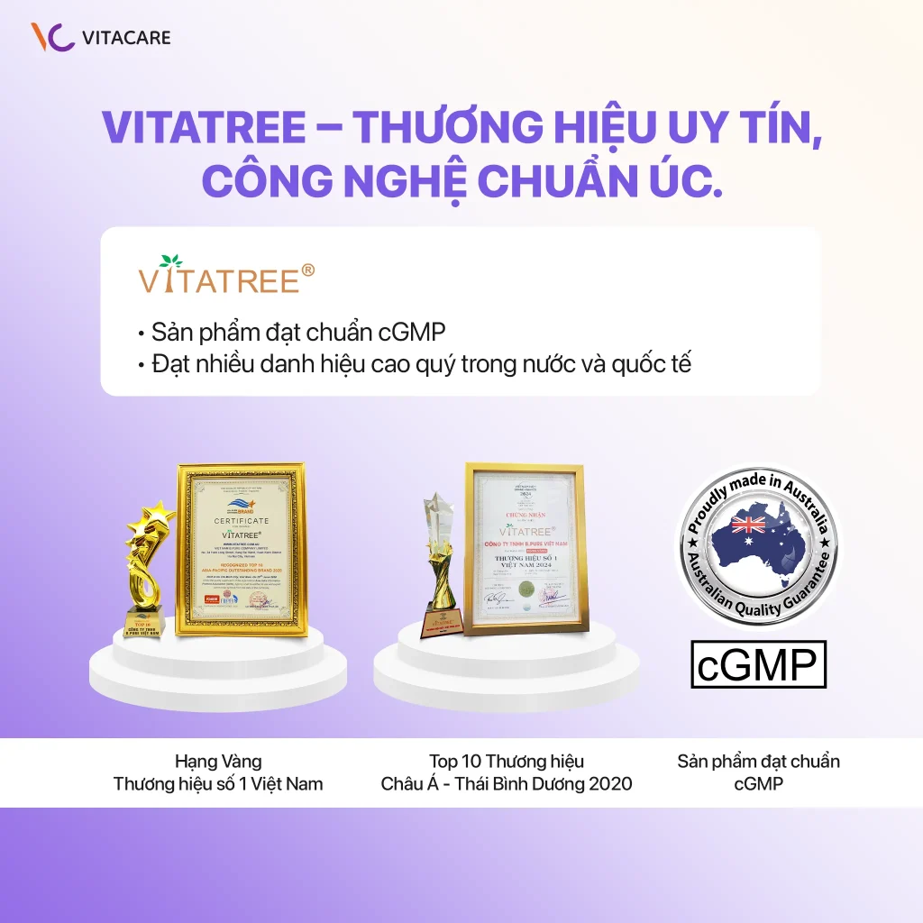 Vitatree – thương hiệu uy tín, công nghệ chuẩn Úc Vitatree đạt chuẩn cGMP, thương hiệu uy tín tại Úc, đạt nhiều giải thưởng trong nước và quốc tế