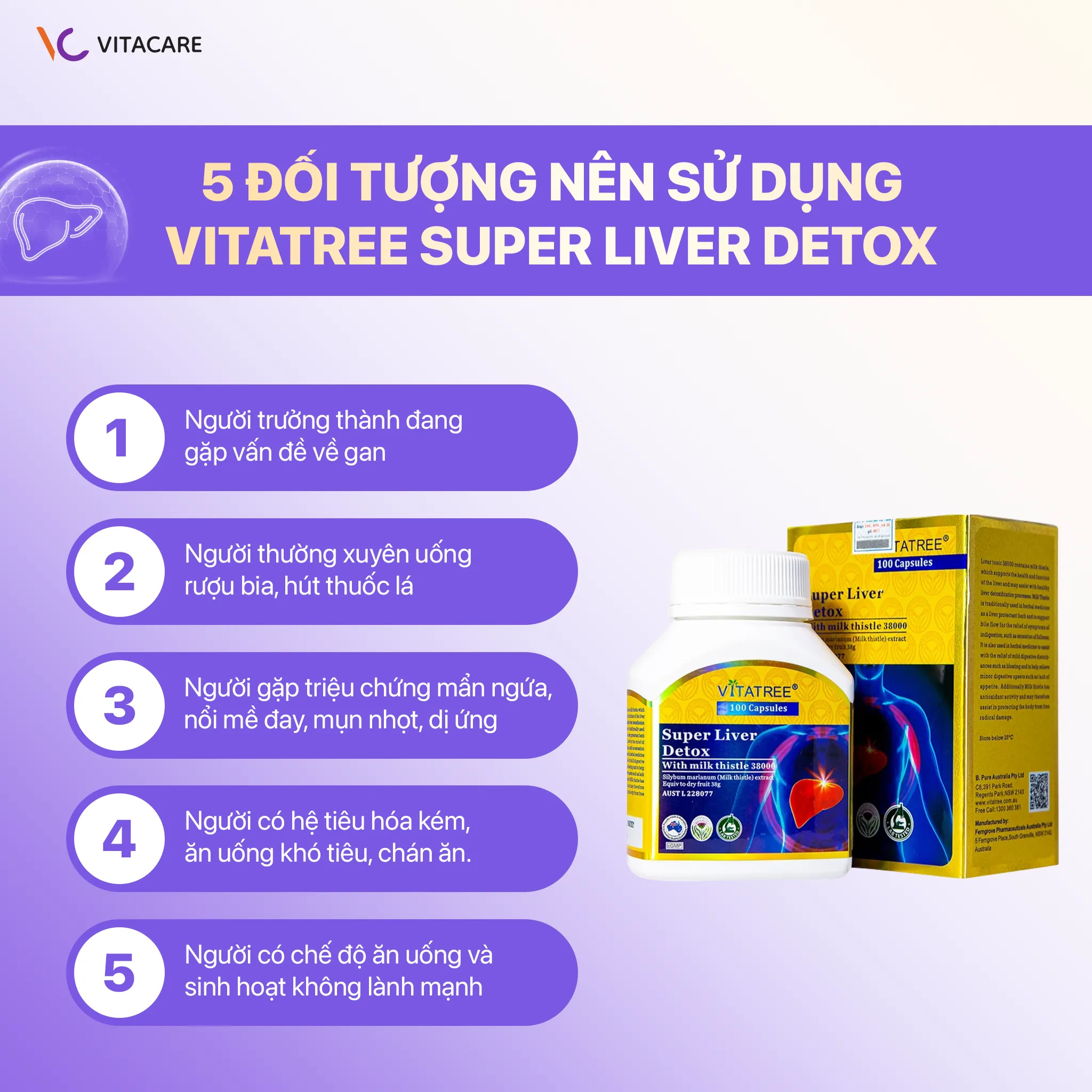 Hình ảnh Vitatree Super Liver Detox và nhóm đối tượng khuyên dùng sản phẩm giải độc gan