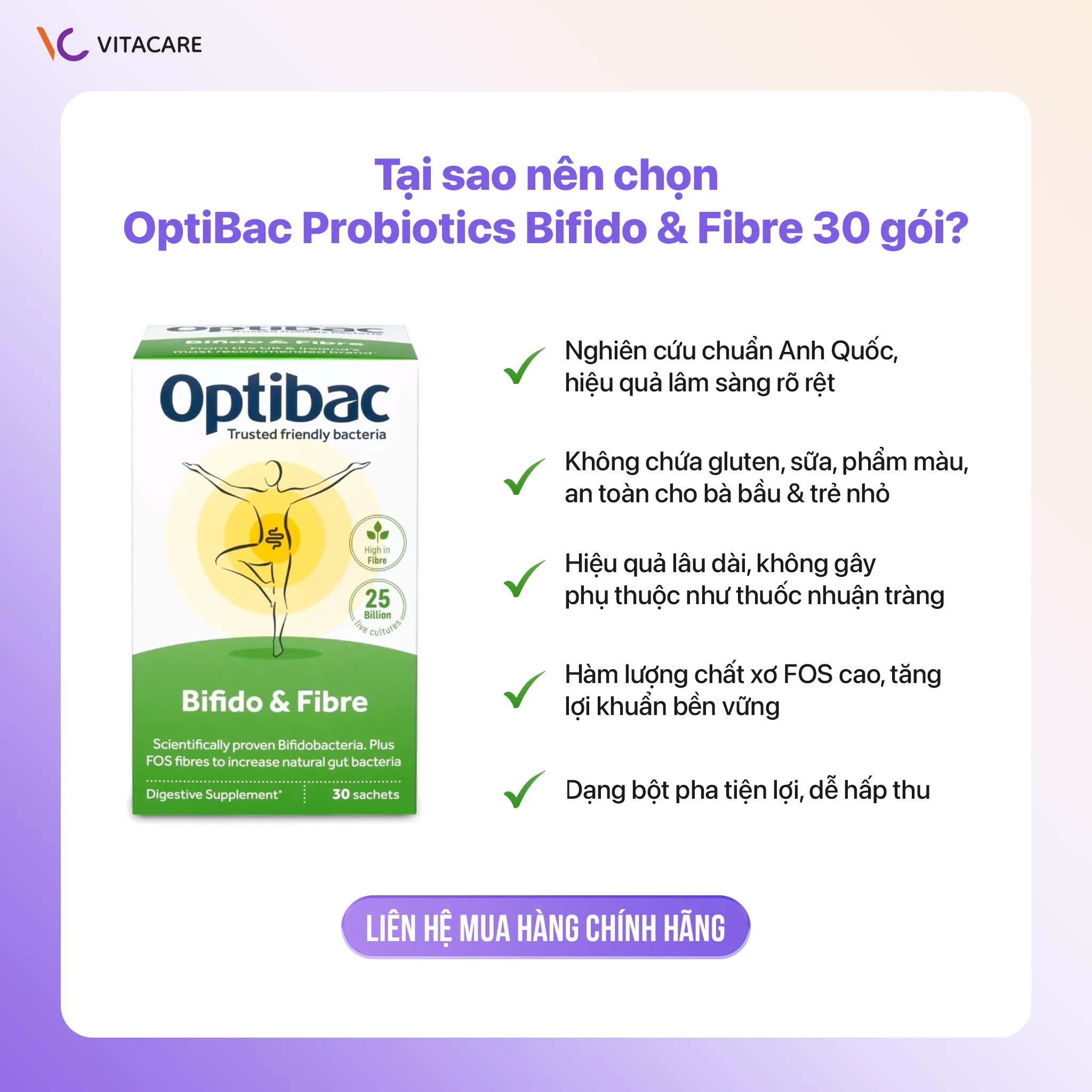 Ưu điểm nổi bật của Optibac Bifido & Fibre 30 gói Optibac Probiotics Bifido & Fibre – không chứa gluten, an toàn cho bà bầu và trẻ nhỏ